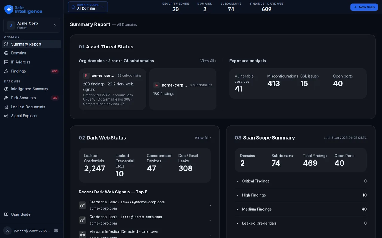 Safe Intelligence dashboard: risk-ranked external assets, CVEs, and dark-web alerts